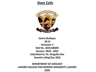 Stem Cells
Saima Shafique
BS III
Semester V
Roll No. 1825138049
Session: 2018 - 2022
Submitted to: Dr. Shagufta Naz
Genetics (Maj/Zoo-303)
DEPARTMENT OF ZOOLOGY
LAHORE COLLEGE FOR WOMEN UNIVERSITY, LAHORE
2020
 