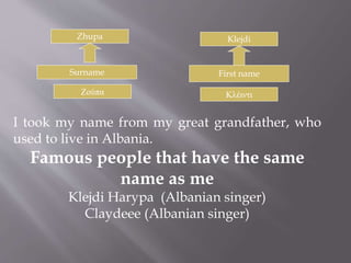 Zhupa 
Surname 
Klejdi 
First name 
Ζούπα Κλέιντι 
I took my name from my great grandfather, who 
used to live in Albania. 
Famous people that have the same 
name as me 
Klejdi Harypa (Albanian singer) 
Claydeee (Albanian singer) 
 