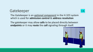 Gatekeeper
The Gatekeeper is an optional component in the H.323 system
which is used for admission control & address resolution
The gatekeeper may allow calls to be placed directly between
endpoints or it may route the call signaling through itself.
GK
 