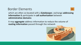 Border Elements
which are often co-located with a Gatekeeper, exchange addressing
information & participate in call authorization between
administrative domains
It may aggregate address information to reduce the volume of
routing information passed through the network
BE
 
