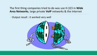 The first thing companies tried to do was use H.323 in Wide
Area Networks, large private VoIP networks & the Internet
◦ Output result : it worked very well
 