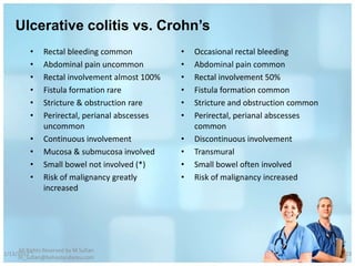 Ulcerative colitis vs. Crohn’s
          •    Rectal bleeding common           •   Occasional rectal bleeding
          •    Abdominal pain uncommon          •   Abdominal pain common
          •    Rectal involvement almost 100%   •   Rectal involvement 50%
          •    Fistula formation rare           •   Fistula formation common
          •    Stricture & obstruction rare     •   Stricture and obstruction common
          •    Perirectal, perianal abscesses   •   Perirectal, perianal abscesses
               uncommon                             common
          •    Continuous involvement           •   Discontinuous involvement
          •    Mucosa & submucosa involved      •   Transmural
          •    Small bowel not involved (*)     •   Small bowel often involved
          •    Risk of malignancy greatly       •   Risk of malignancy increased
               increased




     All Rights Reserved by M Sufian
1/13/2012                                                                              23
     m_sufian@behestandarou.com
 