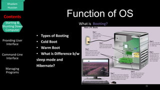 Khadam
Hussian

Contents
Starting &
Shunting Down
Computer

Providing User
Interface
Command-Line
Interface
Managing
Programs

Function of OS
What is Booting?
• Types of Booting
• Cold Boot
• Warm Boot
• What is Difference b/w
sleep mode and
Hibernate?

11

 