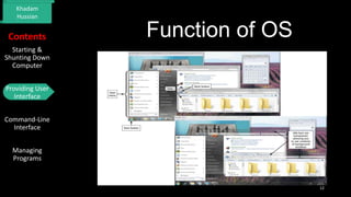 Khadam
Hussian

Contents

Function of OS

Starting &
Shunting Down
Computer

Providing User
Interface
Command-Line
Interface
Managing
Programs

12

 