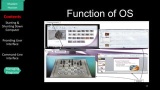 Khadam
Hussian

Contents

Function of OS

Starting &
Shunting Down
Computer

Providing User
Interface
Command-Line
Interface
Managing
Programs

14

 