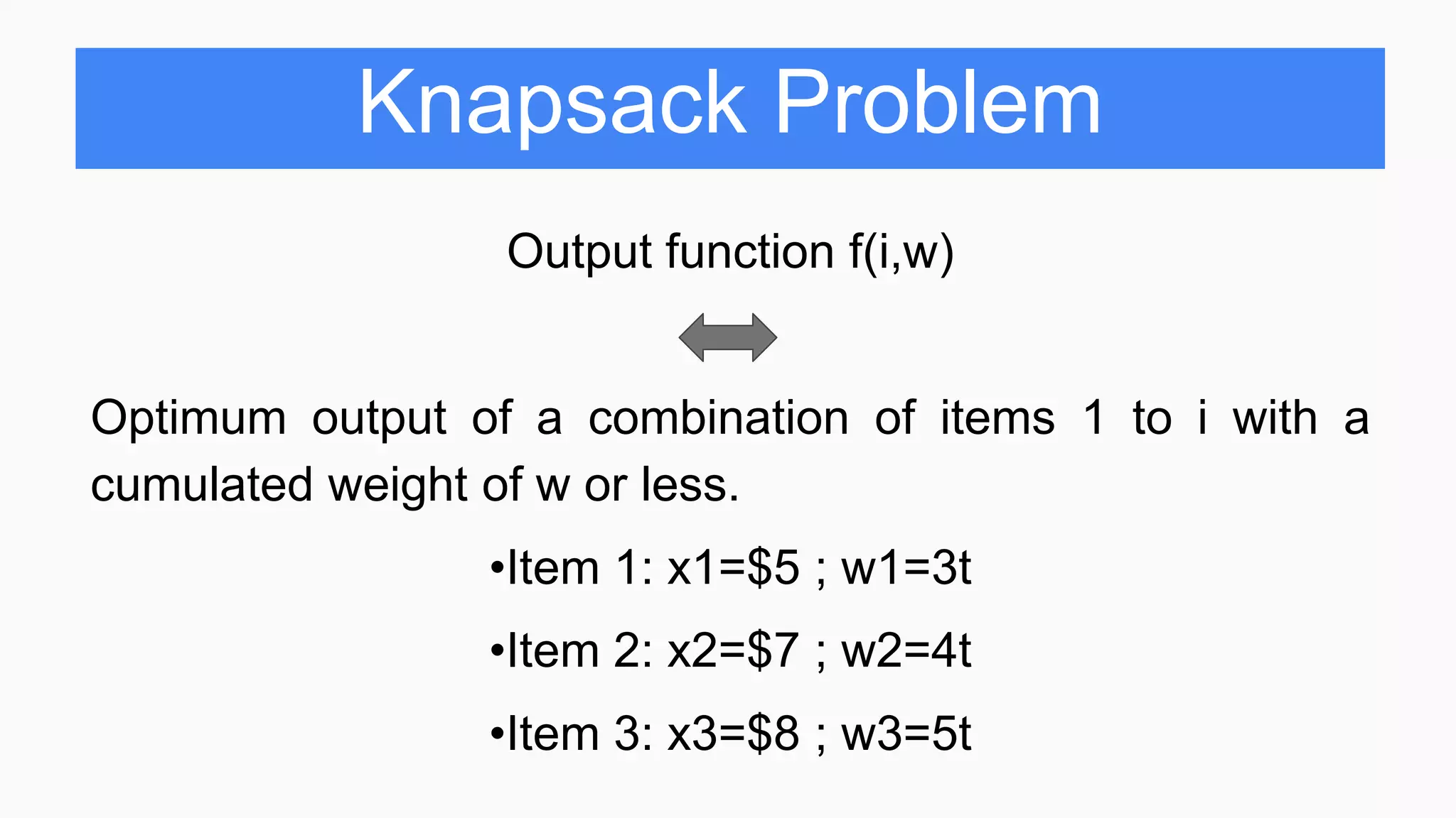 Knapsack Problem
Output function f(i,w)
Optimum output of a combination of items 1 to i with a
cumulated weight of w or less.
•Item 1: x1=$5 ; w1=3t
•Item 2: x2=$7 ; w2=4t
•Item 3: x3=$8 ; w3=5t
 