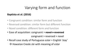 Varying form and function
Baptista et al. (2016)
• Congruent condition: similar form and function
• Reversed condition: similar form but different function
• Novel condition: different form and function
• Ease of acquisition: congruent > novel > reversed
congruent > reversed > novel
• Recall case study of Portuguese estar + English ‘stay’
→ Hawaiian Creole ste with meaning of estar
 