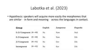 Labotka et al. (2023)
• Hypothesis: speakers will acquire more easily the morphemes that
are similar—in form and meaning—across the languages in contact.
Group
(N = 40)
(N = 40)
(N = 41)
(N = 42)
 