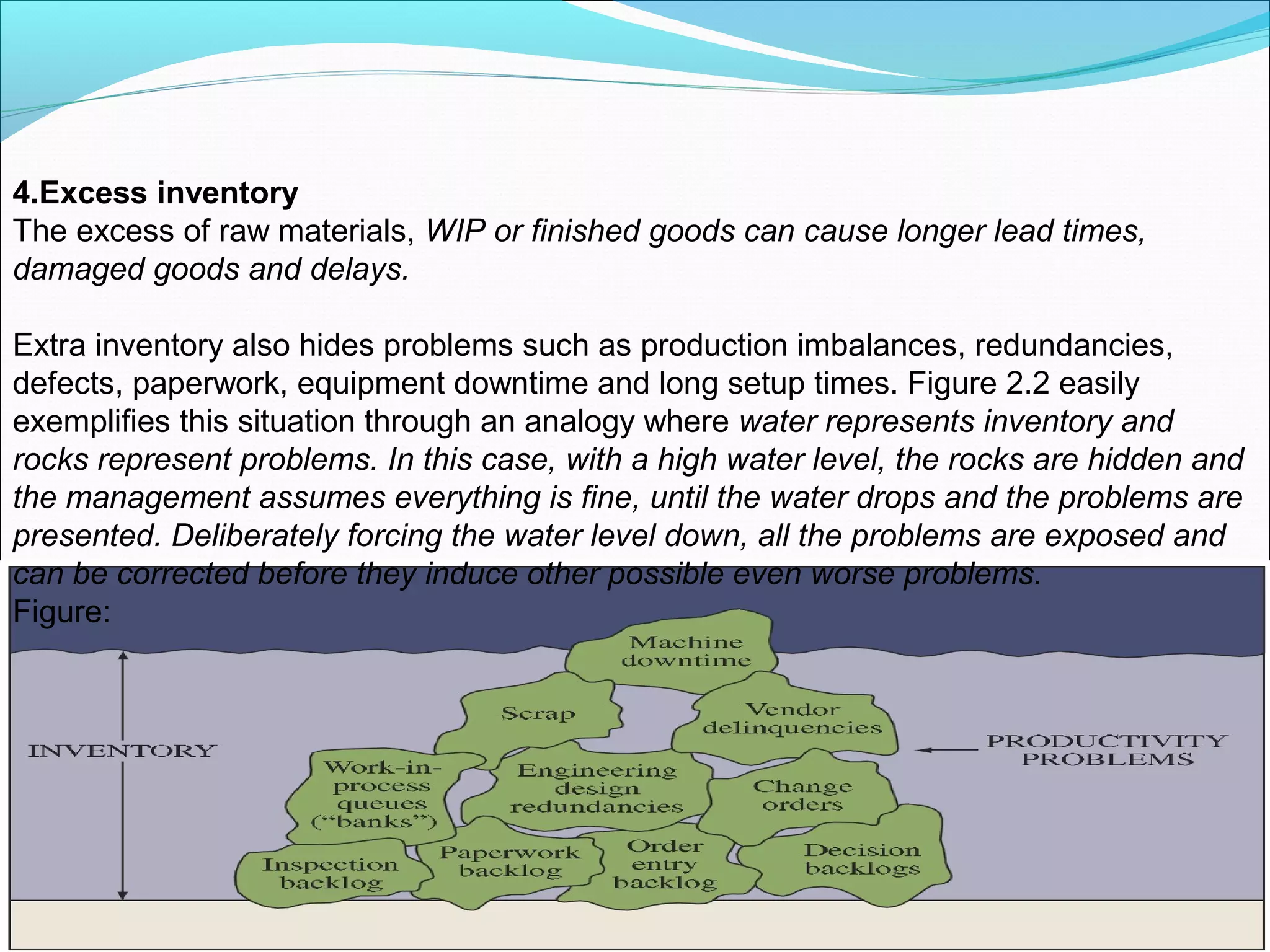 4.Excess inventory
The excess of raw materials, WIP or finished goods can cause longer lead times,
damaged goods and delays.
Extra inventory also hides problems such as production imbalances, redundancies,
defects, paperwork, equipment downtime and long setup times. Figure 2.2 easily
exemplifies this situation through an analogy where water represents inventory and
rocks represent problems. In this case, with a high water level, the rocks are hidden and
the management assumes everything is fine, until the water drops and the problems are
presented. Deliberately forcing the water level down, all the problems are exposed and
can be corrected before they induce other possible even worse problems.
Figure:
 
