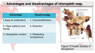 Advantages and disadvavtages of choropleth map.
Advantage Disadvantage
1.Easy to understand 1. Oversimplification
2. Clear patterns and
trends
2. Distortion
3. Geographic context 3. Misleading
comparisons
Figure-12:Health facilities in
Bangladesh.
 