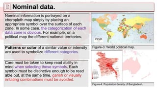 Nominal data.
Nominal information is portrayed on a
choropleth map simply by placing an
appropriate symbol over the surface of each
zone. In some case, the categorization of each
data zone is obvious. For example, on a
political map the different national territories.
Nominal data.
Figure-3: World political map.
Patterns or color of a similar value or intensity
are used to symbolize different categories.
Figure-4: Population density of Bangladesh.
Care must be taken to keep read ability in
mind when selecting these symbols. Each
symbol must be distinctive enough to be read
able but, at the same time, garish or visually
irritating combinations must be avoided.
 