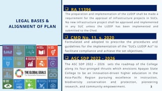 LEGAL BASES &
The preparation and implementation of the LUDIP shall be made a
requirement for the approval of infrastructure projects in SUCs.
No new infrastructure project shall be approved and implemented
in any SUC unless the LUDIP has been implemented and
submitted to the Ched. ​
3
ALIGNMENT OF PLAN
 RA 11396
 CMO No. 11, s. 2020
Formulated and adopted to prescribe the procedures and
guidelines for the implementation of the “SUCs LUDIP Act” to
facilitate compliance and​achieve the set objectives.
 ASC SDP 2022 - 2026
The ASC SDP 2022 – 2026 sets the roadmap of the College
along its four-pronged thrusts which envisions Apayao State
College to be an innovation-driven higher education in the
Asia-Pacific Region pursuing excellence in instruction,
biodiversity conservation and protection, pioneering
research, and community empowerment.
 