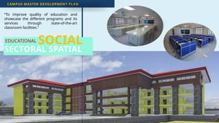 41
EDUCATIONAL
CAMPUS MASTER DEVELOPMENT PLAN
SECTORAL SPATIAL
“To improve quality of education and
showcase the different programs and its
services through state-of-the-art
classroom facilities.”
SOCIAL
 
