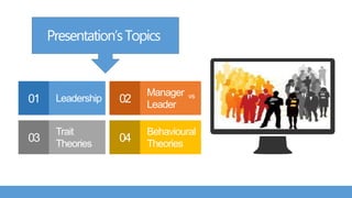 Enter Your
Screenshot HereLeadership
Manager vs
Leader
Trait
Theories
Behavioural
Theories
Presentation’sTopics
01 02
03 04
 