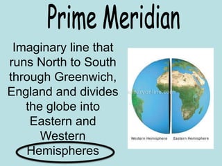Imaginary line that
runs North to South
through Greenwich,
England and divides
the globe into
Eastern and
Western
Hemispheres
 