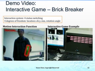 Demo Video:
Interactive Game – Brick Breaker
Yosen Chen, Copyright Reserved
Interaction system: 4 status switching
4 degrees of freedom: location x & y, size, rotation angle
16
Motion Interaction Function Interactive Game Example
 