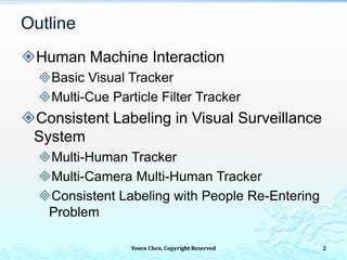 Yosen Chen, Copyright Reserved
Human Machine Interaction
Basic Visual Tracker
Multi-Cue Particle Filter Tracker
Consistent Labeling in Visual Surveillance
System
Multi-Human Tracker
Multi-Camera Multi-Human Tracker
Consistent Labeling with People Re-Entering
Problem
Outline
2
 