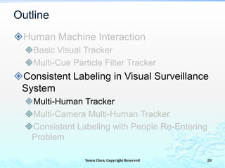 Yosen Chen, Copyright Reserved
Human Machine Interaction
Basic Visual Tracker
Multi-Cue Particle Filter Tracker
Consistent Labeling in Visual Surveillance
System
Multi-Human Tracker
Multi-Camera Multi-Human Tracker
Consistent Labeling with People Re-Entering
Problem
Outline
20
 