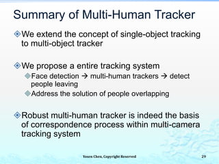 Summary of Multi-Human Tracker
We extend the concept of single-object tracking
to multi-object tracker
We propose a entire tracking system
Face detection  multi-human trackers  detect
people leaving
Address the solution of people overlapping
Robust multi-human tracker is indeed the basis
of correspondence process within multi-camera
tracking system
Yosen Chen, Copyright Reserved 29
 