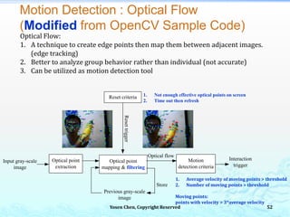Motion Detection : Optical Flow
(Modified from OpenCV Sample Code)
Input gray-scale
image
Optical point
extraction
Optical point
mapping & filtering
Motion
detection criteria
Reset criteria
Interaction
trigger
Optical flow
Resettrigger
Previous gray-scale
image
Store
Optical Flow:
1. A technique to create edge points then map them between adjacent images.
(edge tracking)
2. Better to analyze group behavior rather than individual (not accurate)
3. Can be utilized as motion detection tool
1. Not enough effective optical points on screen
2. Time out then refresh
1. Average velocity of moving points > threshold
2. Number of moving points > threshold
Moving points:
points with velocity > 3*average velocity
Yosen Chen, Copyright Reserved 52
 