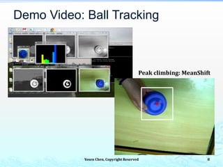 Demo Video: Ball Tracking
追球後段
Yosen Chen, Copyright Reserved 8
Peak climbing: MeanShift
 