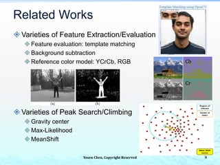 Related Works
Varieties of Feature Extraction/Evaluation
Feature evaluation: template matching
Background subtraction
Reference color model: YCrCb, RGB
Varieties of Peak Search/Climbing
Gravity center
Max-Likelihood
MeanShift
Yosen Chen, Copyright Reserved
Cb
Cr
9
 