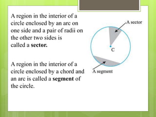 A region in the interior of a
circle enclosed by an arc on
one side and a pair of radii on
the other two sides is
called a sector.
A region in the interior of a
circle enclosed by a chord and
an arc is called a segment of
the circle.
 