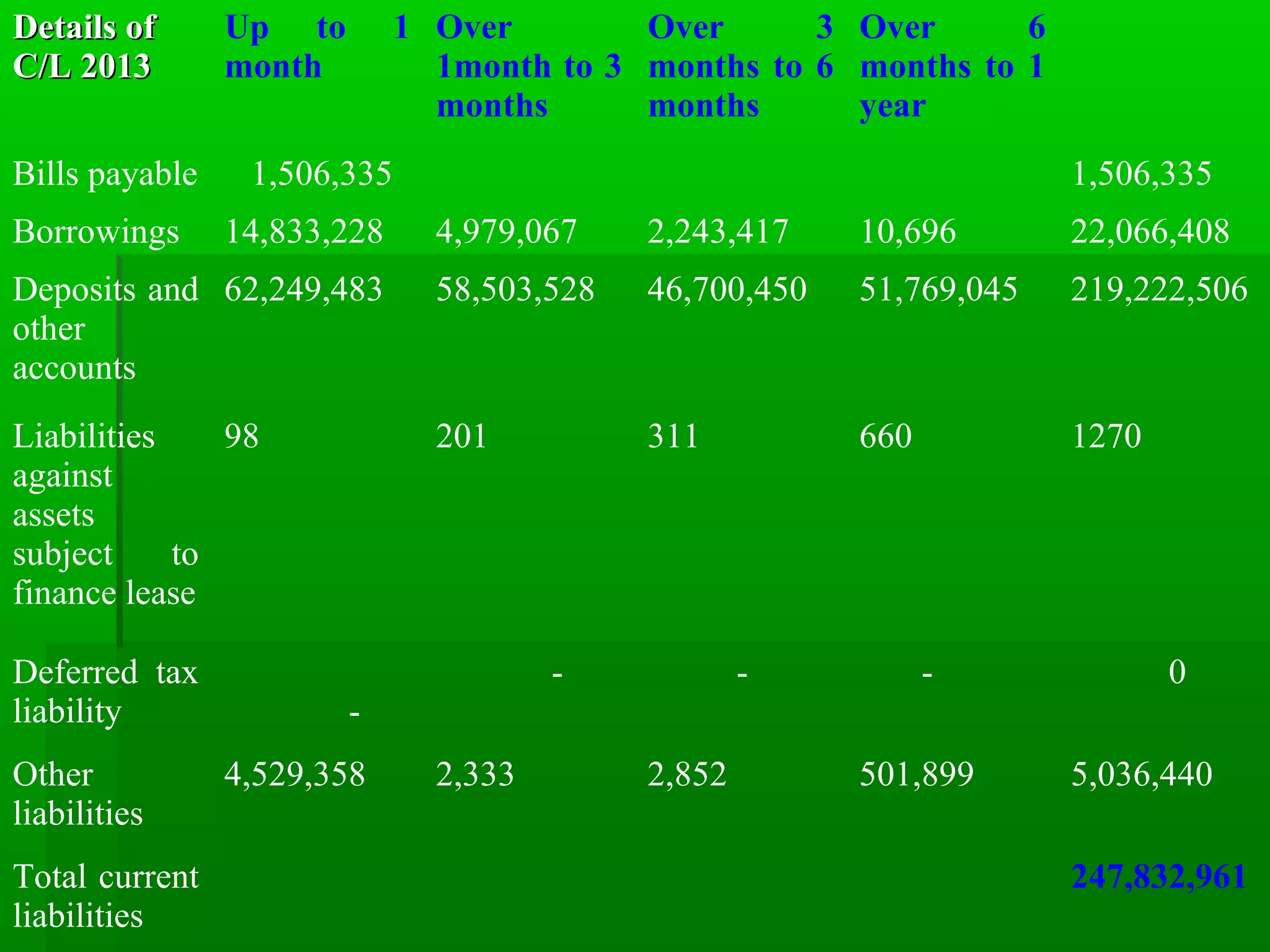 DDeettaaiillss ooff 
CC//LL 22001133 
Up to 1 
month 
Over 
1month to 3 
months 
Over 3 
months to 6 
months 
Over 6 
months to 1 
year 
Bills payable 1,506,335 1,506,335 
Borrowings 14,833,228 4,979,067 2,243,417 10,696 22,066,408 
Deposits and 
other 
accounts 
62,249,483 58,503,528 46,700,450 51,769,045 219,222,506 
Liabilities 
against 
assets 
subject to 
finance lease 
98 201 311 660 1270 
Deferred tax 
liability 
- 
- - - 0 
Other 
liabilities 
4,529,358 2,333 2,852 501,899 5,036,440 
Total current 
liabilities 
247,832,961 
 