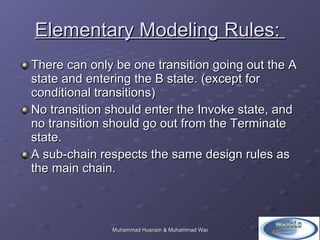 Elementary Modeling Rules:  There can only be one transition going out the A state and entering the B state. (except for conditional transitions)  No transition should enter the Invoke state, and no transition should go out from the Terminate state.  A sub-chain respects the same design rules as the main chain. 