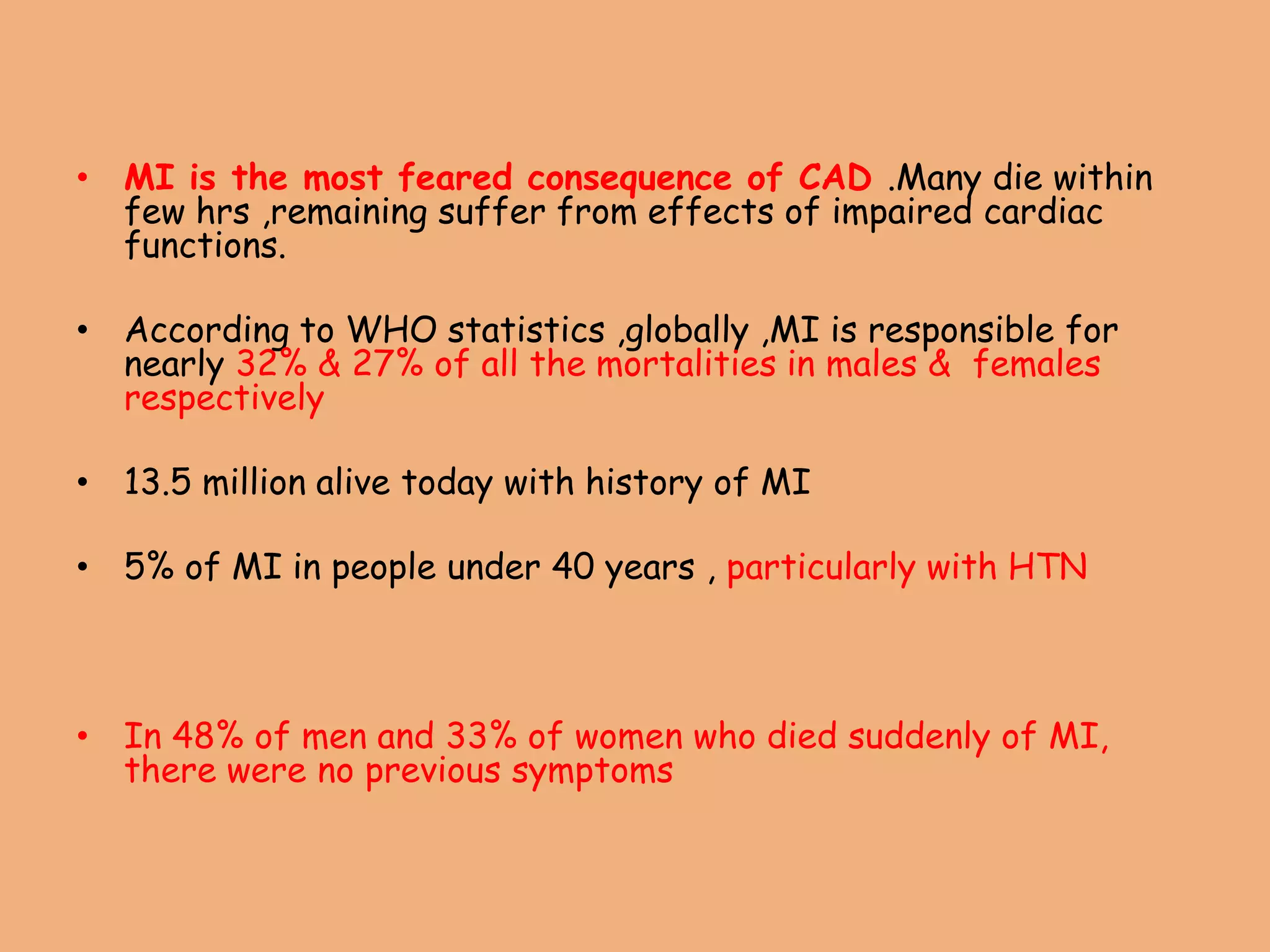 • MI is the most feared consequence of CAD .Many die within
few hrs ,remaining suffer from effects of impaired cardiac
functions.
• According to WHO statistics ,globally ,MI is responsible for
nearly 32% & 27% of all the mortalities in males & females
respectively
• 13.5 million alive today with history of MI
• 5% of MI in people under 40 years , particularly with HTN
• In 48% of men and 33% of women who died suddenly of MI,
there were no previous symptoms
 