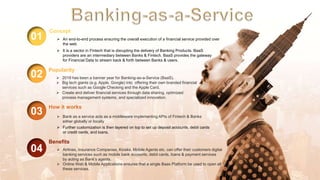 01
Concept
 An end-to-end process ensuring the overall execution of a financial service provided over
the web
02
Popularity
 2019 has been a banner year for Banking-as-a-Service (BaaS).
 Big tech giants (e.g. Apple, Google) into offering their own branded financial
services such as Google Checking and the Apple Card.
 Create and deliver financial services through data sharing, optimized
process management systems, and specialized innovation.
03
How it works
 Bank as a service acts as a middleware implementing APIs of Fintech & Banks
either globally or locally
 Further customization is then layered on top to set up deposit accounts, debit cards
or credit cards, and loans.
04
Benefits
 It is a sector in Fintech that is disrupting the delivery of Banking Products. BaaS
providers are an intermediary between Banks & Fintech. BaaS provides the gateway
for Financial Data to stream back & forth between Banks & users.
 Airlines, Insurance Companies, Kiosks, Mobile Agents etc. can offer their customers digital
banking services such as mobile bank accounts, debit cards, loans & payment services
by acting as Bank’s agents.
 Online Web & Mobile Applications ensures that a single Baas Platform be used to open all
these services.
 
