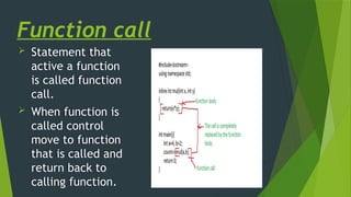 Function call
 Statement that
active a function
is called function
call.
 When function is
called control
move to function
that is called and
return back to
calling function.
 
