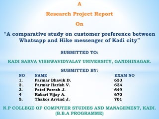 A
Research Project Report
On
“A comparative study on customer preference between
Whatsapp and Hike messenger of Kadi city”
SUBMITTED TO:
KADI SARVA VISHWAVIDYALAY UNIVERSITY, GANDHINAGAR.
SUBMITTED BY:
NO NAME EXAM NO
1. Parmar Bhavik D. 633
2. Parmar Harish V. 634
3. Patel Paresh J. 649
4 Rabari Vijay A. 670
5. Thakor Arvind J. 701
N.P COLLEGE OF COMPUTER STUDIES AND MANAGEMENT, KADI.
(B.B.A PROGRAMME)
 