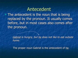 Antecedent The antecedent is the noun that is being replaced by the pronoun. It usually comes before, but in most cases also comes after the pronoun. Gabriel  is hungry, but  he  does not like to eat outside  home. The proper noun Gabriel is the antecedent of  he . 