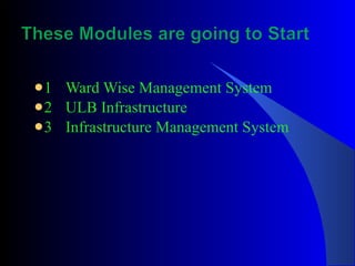 1 Ward Wise Management System 2 ULB Infrastructure 3 Infrastructure Management System 