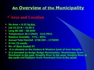 Its Area = 8.32 S q.Km.   Lat 22.32 N – 22.06 S Long 80.20E – 80.06W Temperature 36.3 (MaX)  13.6 (Min) Relative Humidity  71% - 85% Annual Total Rainfall  1750 MM – 1770MM It has  15 wards  . No. of  Slum Pocket  53 It is situated on the Eastern & Western bank of river Hooghly .  It is bounded by Budge Budge Municipality/ Nischintapur Gram Panchayet  in the east , Hooghly River  in the west , Hooghly River  in the north  and Rajibpur Gram Panchayat Area  in the south . An  Overview  of the  Municipality Area and Location 