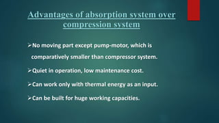 Advantages of absorption system over
compression system
No moving part except pump-motor, which is
comparatively smaller than compressor system.
Quiet in operation, low maintenance cost.
Can work only with thermal energy as an input.
Can be built for huge working capacities.
 