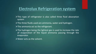 Electrolux Refrigeration system
This type of refrigerator is also called three fluid absorption
system
The three fluids used are ammonia, water and hydrogen.
The ammonia act as the refrigerant.
The hydrogen being the lightest gas is used to increase the rate
of evaporation of the liquid ammonia passing through the
evaporator.
Water acts as the solvent.
 