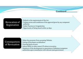 • Default in the requirements of the Act.
• Violates terms and conditions of the approval given by any competent
authority.
• Unfair Practices or Irregularities.
• Opportunity of being heard within 30 days.
Revocation of
Registration
• Debar the promoter from accessing Website.
• Listing of developers as defaulters.
• Freezing bank account.
• Inform RERA in other states/UTs about revocation.
• Handover of the development to association of allottees/competent
authorities upon consultation with relevant state government.
Consequences
of Revocation
 