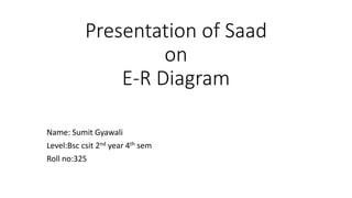 Presentation of Saad
on
E-R Diagram
Name: Sumit Gyawali
Level:Bsc csit 2nd year 4th sem
Roll no:325
 