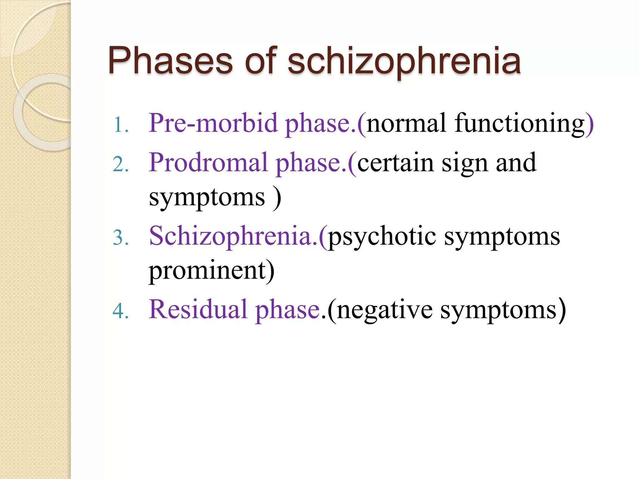 Phases of schizophrenia
1. Pre-morbid phase.(normal functioning)
2. Prodromal phase.(certain sign and
symptoms )
3. Schizophrenia.(psychotic symptoms
prominent)
4. Residual phase.(negative symptoms)
 