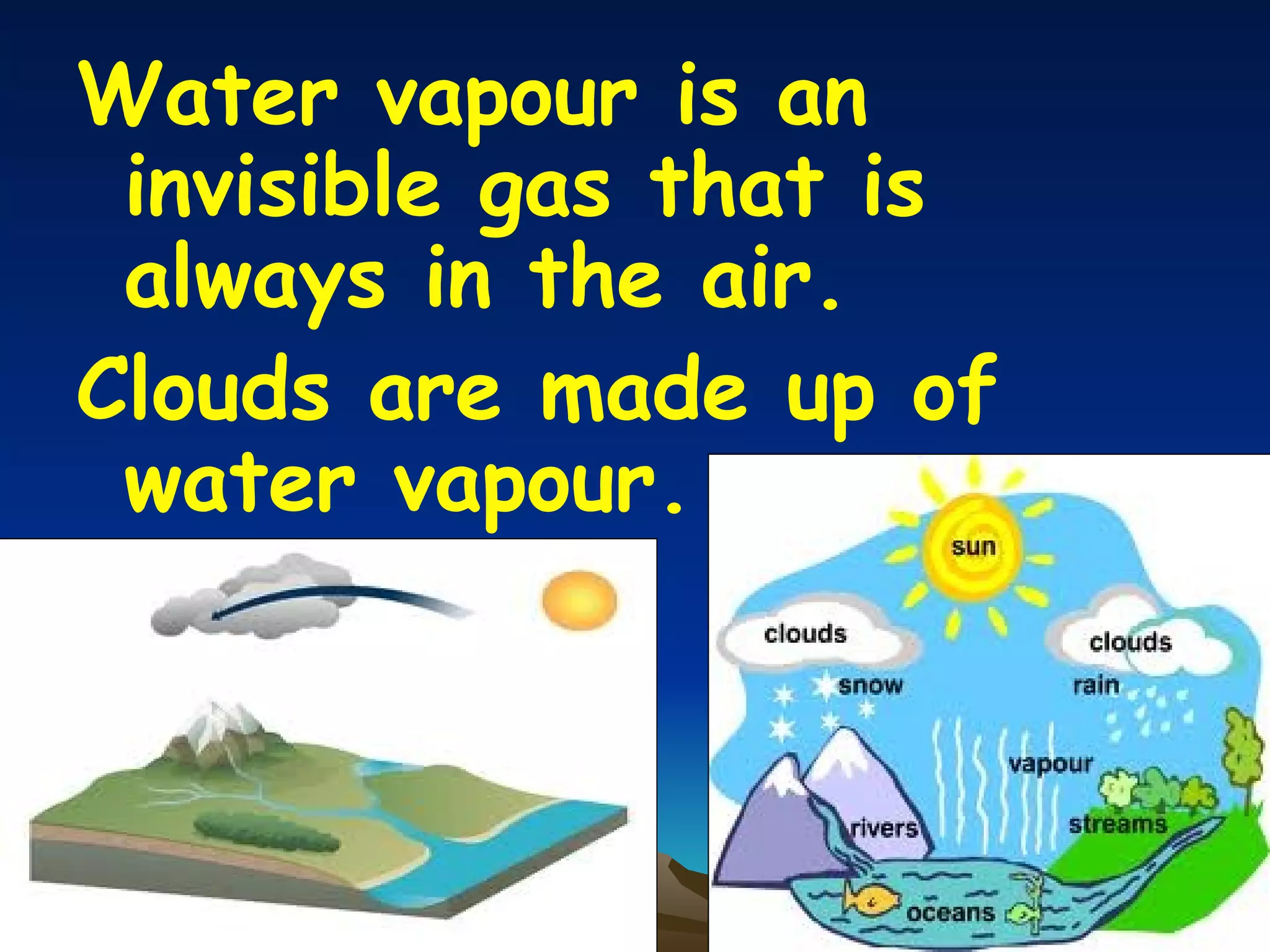 Water vapour is an invisible gas that is always in the air.  Clouds are made up of water vapour. 