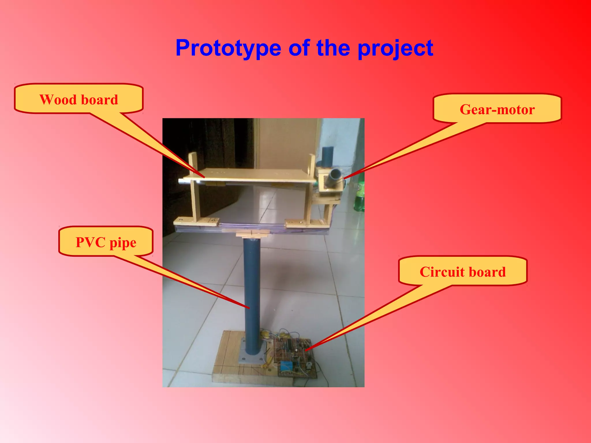 Gear-motor
Wood board
PVC pipe
Circuit board
Prototype of the project
 