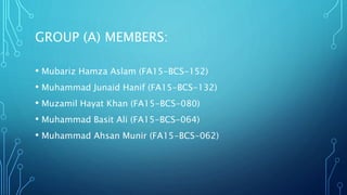GROUP (A) MEMBERS:
• Mubariz Hamza Aslam (FA15-BCS-152)
• Muhammad Junaid Hanif (FA15-BCS-132)
• Muzamil Hayat Khan (FA15-BCS-080)
• Muhammad Basit Ali (FA15-BCS-064)
• Muhammad Ahsan Munir (FA15-BCS-062)
 