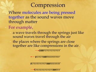 Compression
- Where molecules are being pressed
  together as the sound waves move
  through matter
- For example,
  - a wave travels through the springs just like
    sound waves travel through the air
  - the places where the springs are close
    together are like compressions in the air.
 