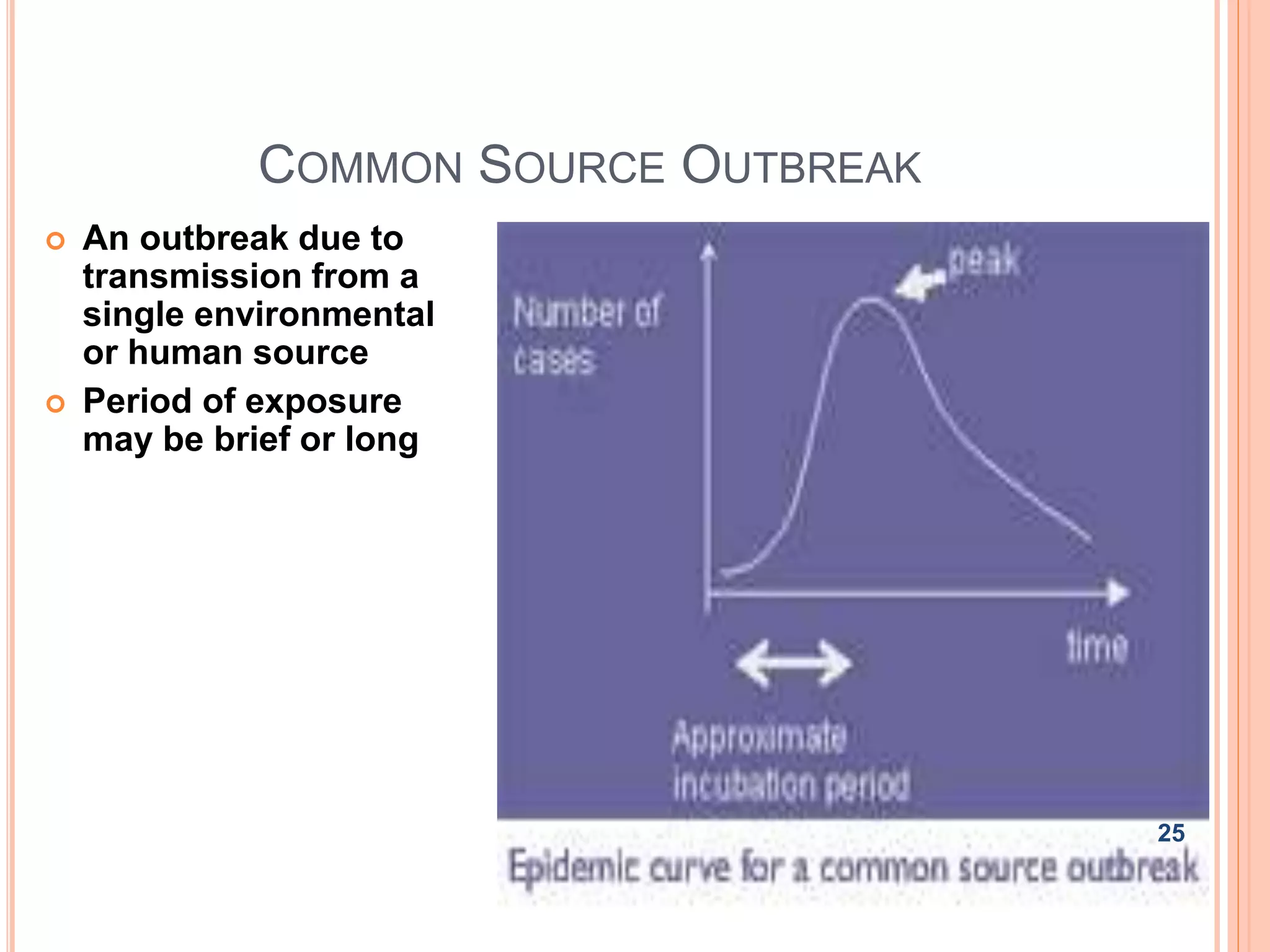 COMMON SOURCE OUTBREAK
 An outbreak due to
transmission from a
single environmental
or human source
 Period of exposure
may be brief or long
25
 