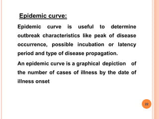 Epidemic curve:
Epidemic curve is useful to determine
outbreak characteristics like peak of disease
occurrence, possible incubation or latency
period and type of disease propagation.
An epidemic curve is a graphical depiction of
the number of cases of illness by the date of
illness onset
22
 