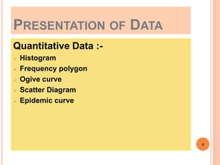 PRESENTATION OF DATA
Quantitative Data :-
 Histogram
 Frequency polygon
 Ogive curve
 Scatter Diagram
 Epidemic curve
4
 