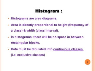 Histogram :
 Histograms are area diagrams.
 Area is directly proportional to height (frequency of
a class) & width (class interval).
 In histograms, there will be no space in between
rectangular blocks.
 Data must be tabulated into continuous classes.
(i.e. exclusive classes)
5
 