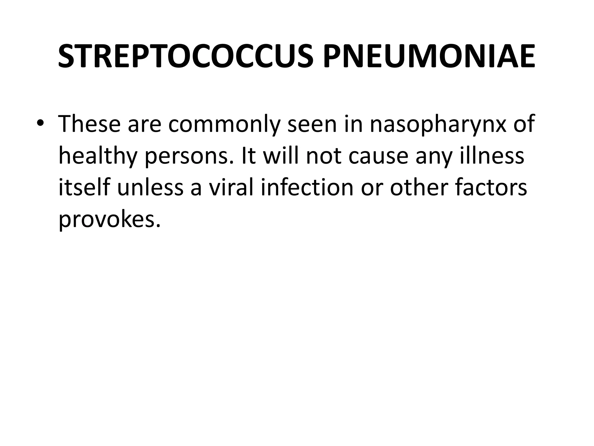 STREPTOCOCCUS PNEUMONIAE
• These are commonly seen in nasopharynx of
healthy persons. It will not cause any illness
itself unless a viral infection or other factors
provokes.
 